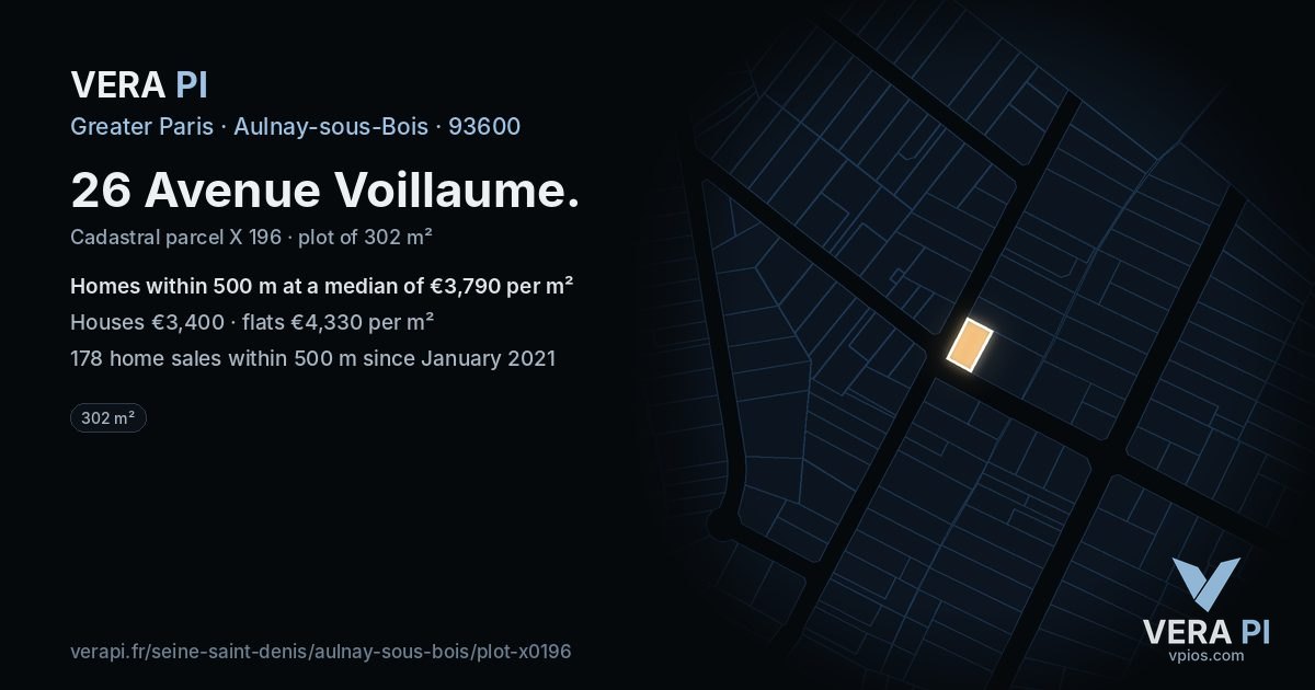 26 Avenue Voillaume, Aulnay-sous-Bois at night – the plot lit, the parcels around coloured by the prices near them