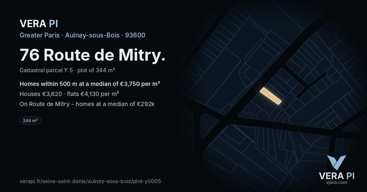 76 Route de Mitry, Aulnay-sous-Bois at night – the plot lit, the parcels around coloured by the prices near them