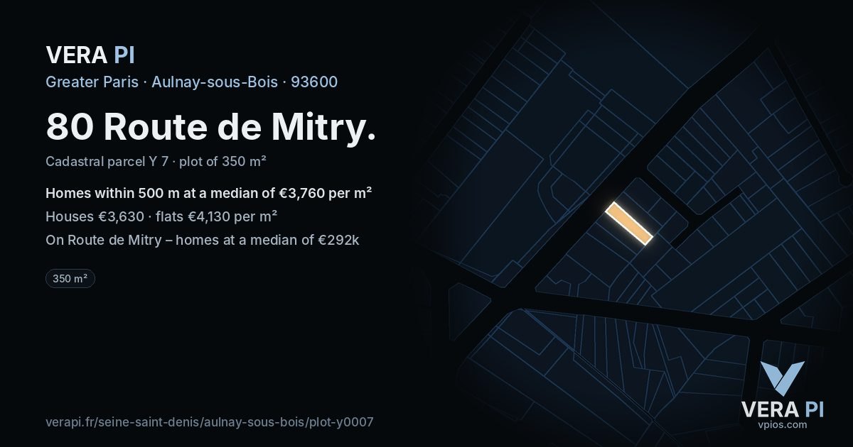 80 Route de Mitry, Aulnay-sous-Bois at night – the plot lit, the parcels around coloured by the prices near them