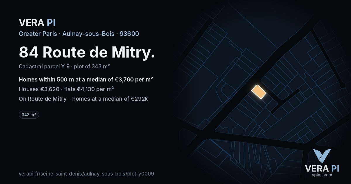 84 Route de Mitry, Aulnay-sous-Bois at night – the plot lit, the parcels around coloured by the prices near them