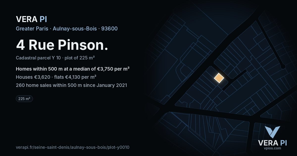 4 Rue Pinson, Aulnay-sous-Bois at night – the plot lit, the parcels around coloured by the prices near them