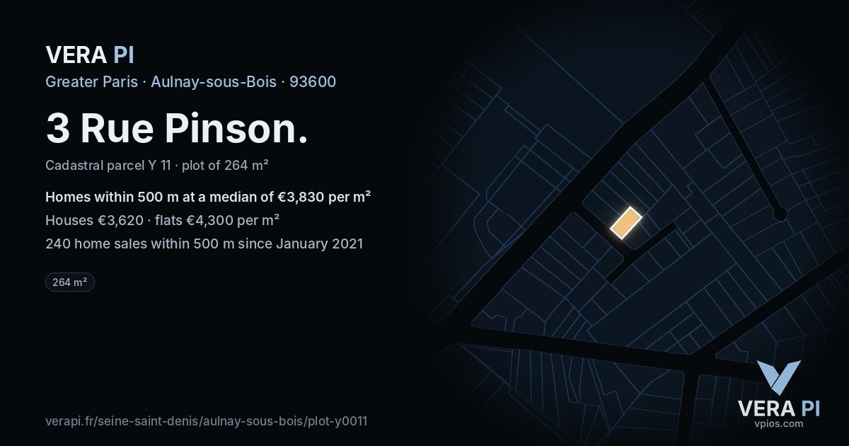 3 Rue Pinson, Aulnay-sous-Bois at night – the plot lit, the parcels around coloured by the prices near them