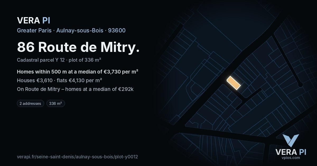 86 Route de Mitry, Aulnay-sous-Bois at night – the plot lit, the parcels around coloured by the prices near them