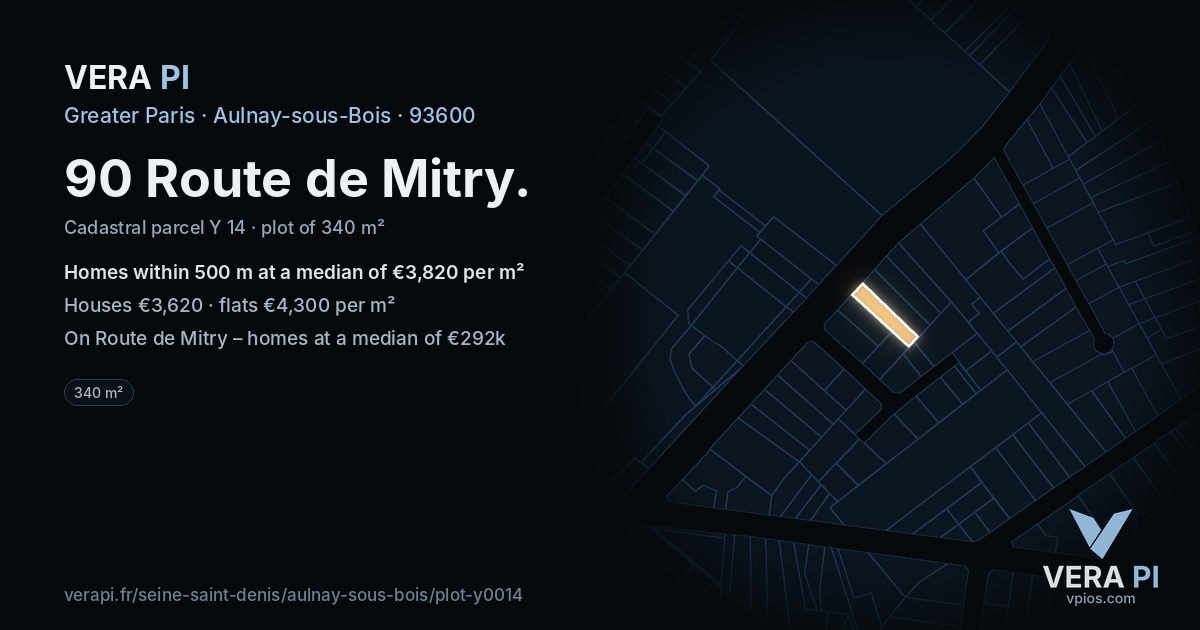 90 Route de Mitry, Aulnay-sous-Bois at night – the plot lit, the parcels around coloured by the prices near them