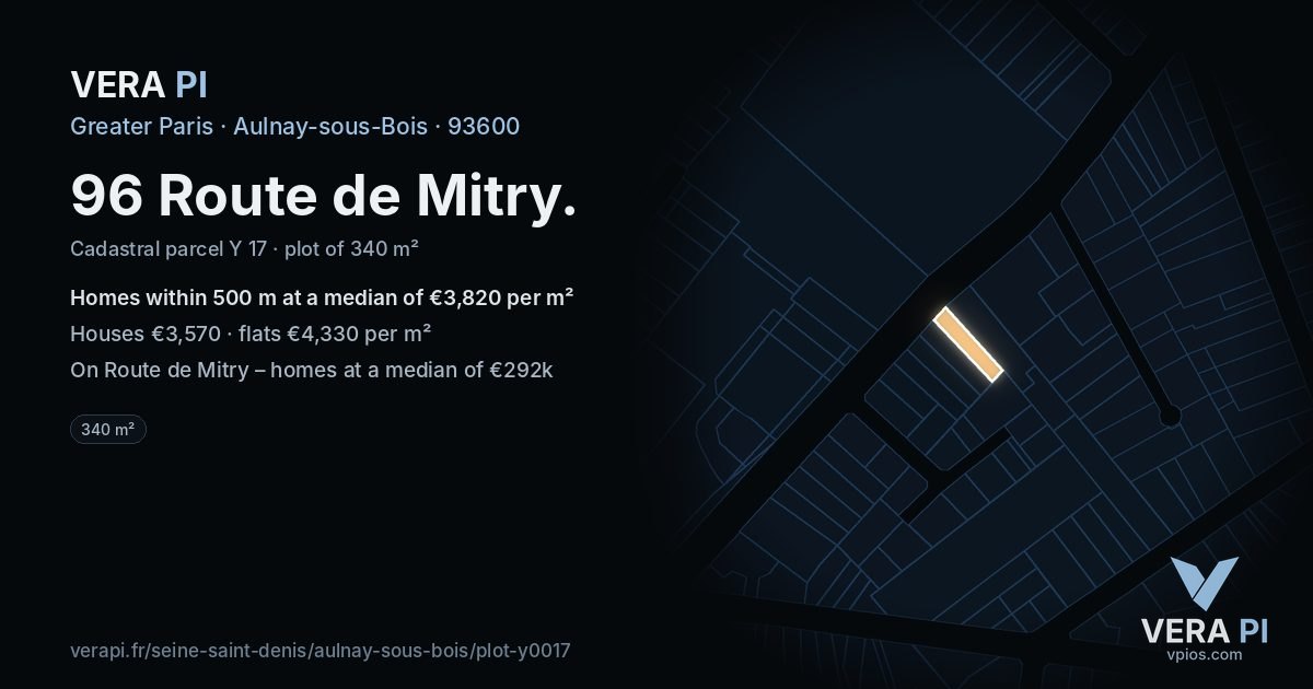 96 Route de Mitry, Aulnay-sous-Bois at night – the plot lit, the parcels around coloured by the prices near them