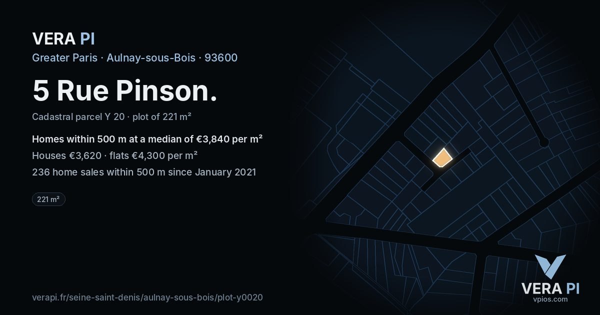 5 Rue Pinson, Aulnay-sous-Bois at night – the plot lit, the parcels around coloured by the prices near them