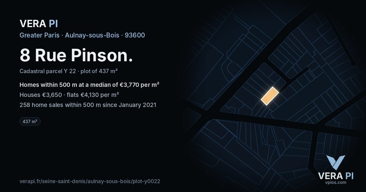 8 Rue Pinson, Aulnay-sous-Bois at night – the plot lit, the parcels around coloured by the prices near them