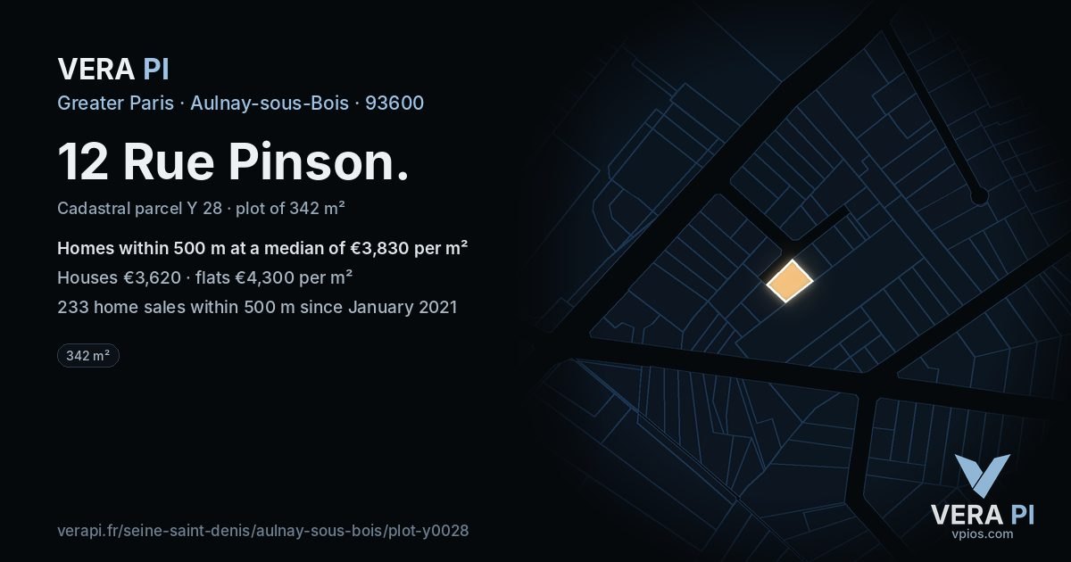 12 Rue Pinson, Aulnay-sous-Bois at night – the plot lit, the parcels around coloured by the prices near them