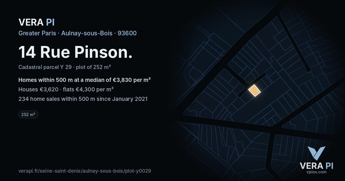 14 Rue Pinson, Aulnay-sous-Bois at night – the plot lit, the parcels around coloured by the prices near them