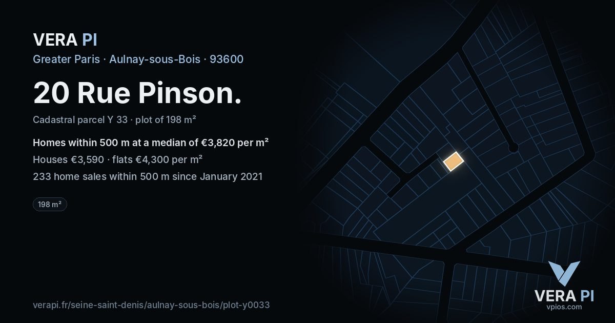 20 Rue Pinson, Aulnay-sous-Bois at night – the plot lit, the parcels around coloured by the prices near them