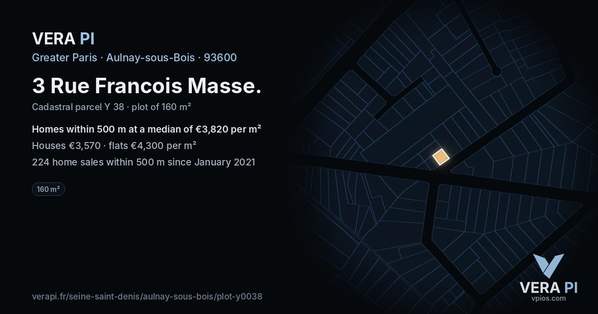 3 Rue Francois Masse, Aulnay-sous-Bois at night – the plot lit, the parcels around coloured by the prices near them