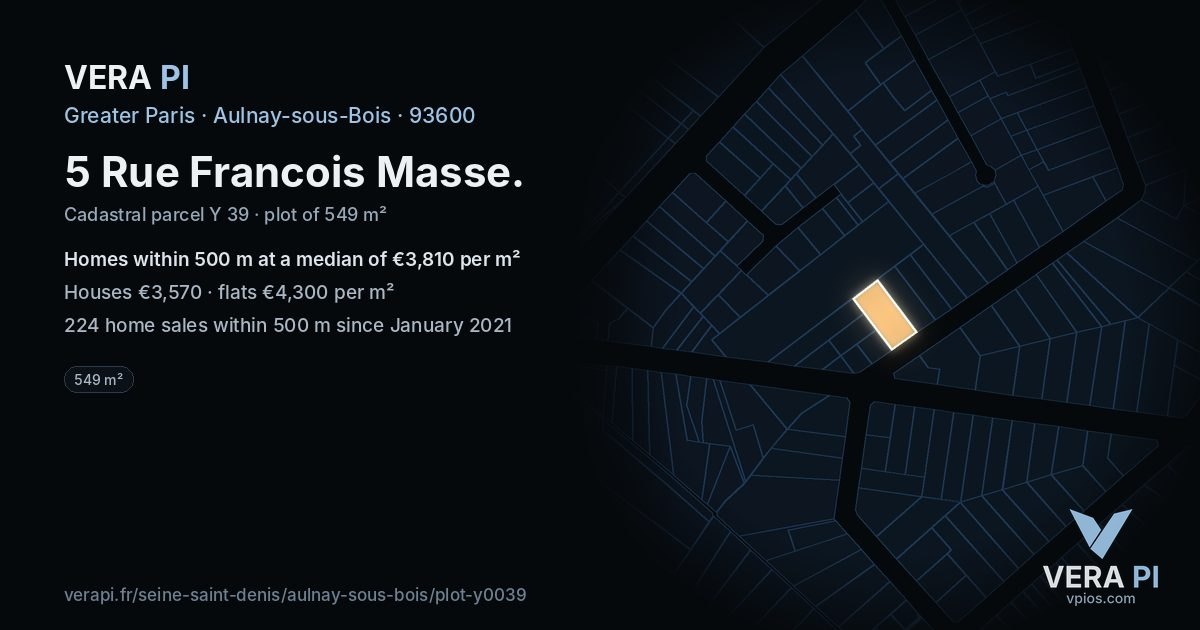 5 Rue Francois Masse, Aulnay-sous-Bois at night – the plot lit, the parcels around coloured by the prices near them