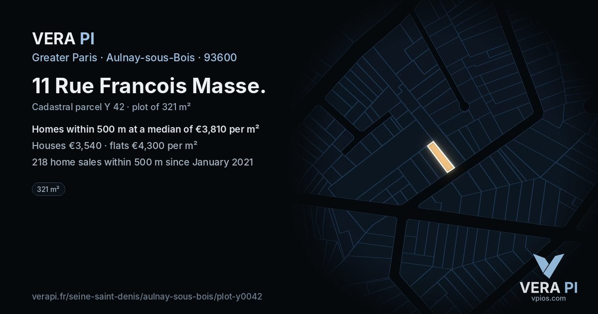 11 Rue Francois Masse, Aulnay-sous-Bois at night – the plot lit, the parcels around coloured by the prices near them