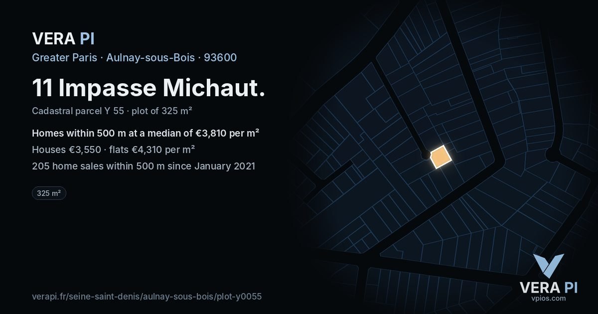 11 Impasse Michaut, Aulnay-sous-Bois at night – the plot lit, the parcels around coloured by the prices near them