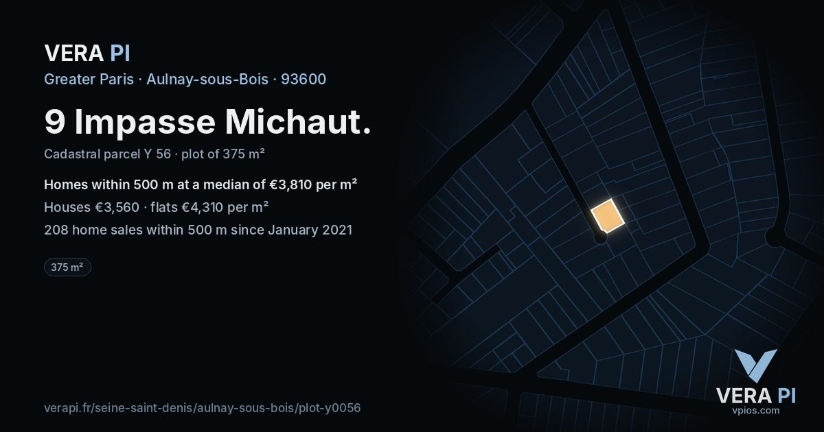 9 Impasse Michaut, Aulnay-sous-Bois at night – the plot lit, the parcels around coloured by the prices near them