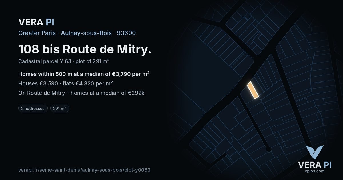 108 bis Route de Mitry, Aulnay-sous-Bois at night – the plot lit, the parcels around coloured by the prices near them