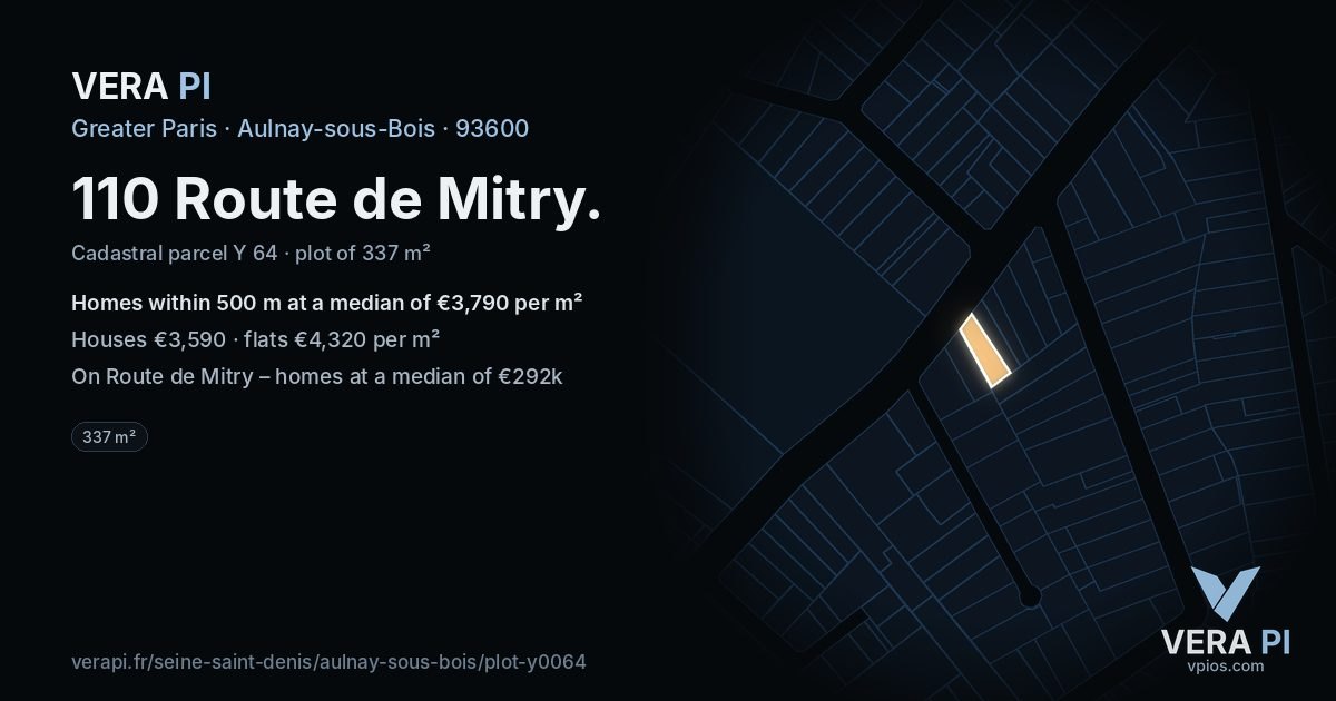 110 Route de Mitry, Aulnay-sous-Bois at night – the plot lit, the parcels around coloured by the prices near them