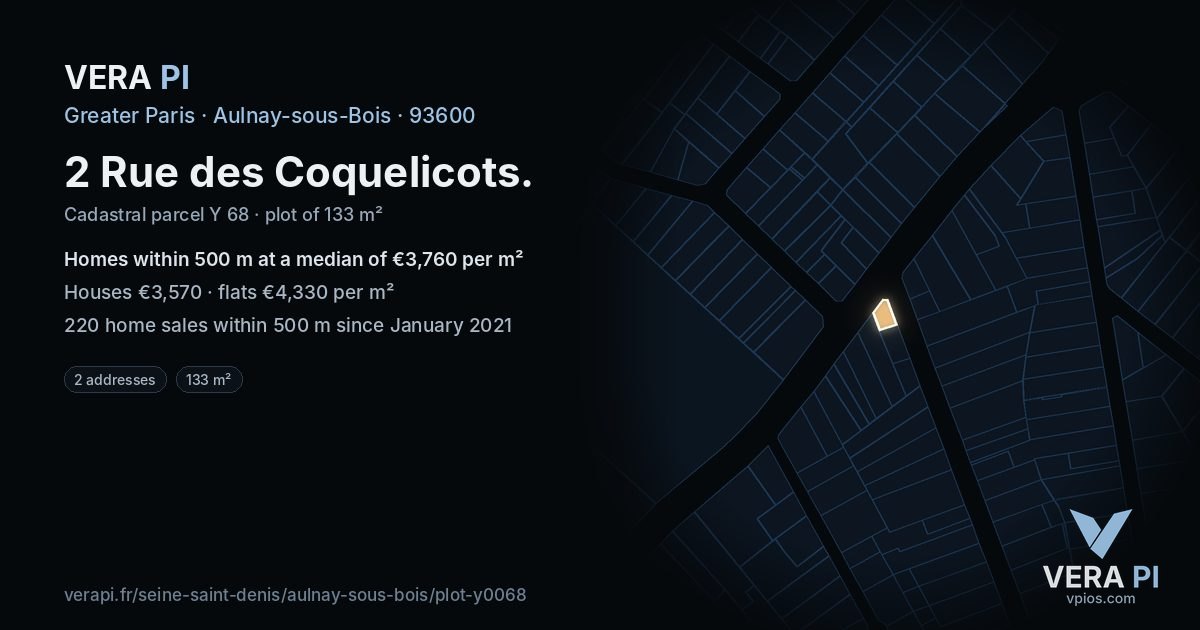 2 Rue des Coquelicots, Aulnay-sous-Bois at night – the plot lit, the parcels around coloured by the prices near them