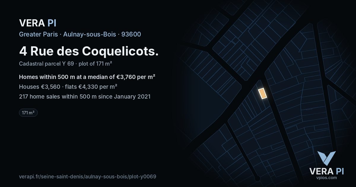 4 Rue des Coquelicots, Aulnay-sous-Bois at night – the plot lit, the parcels around coloured by the prices near them