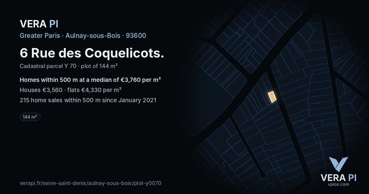 6 Rue des Coquelicots, Aulnay-sous-Bois at night – the plot lit, the parcels around coloured by the prices near them