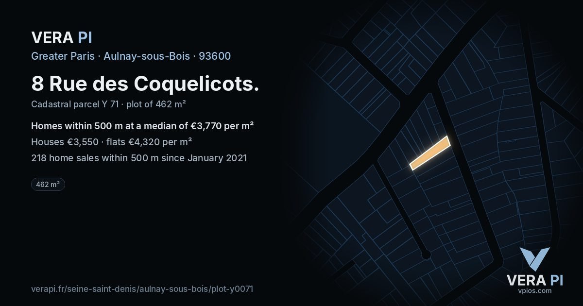 8 Rue des Coquelicots, Aulnay-sous-Bois at night – the plot lit, the parcels around coloured by the prices near them