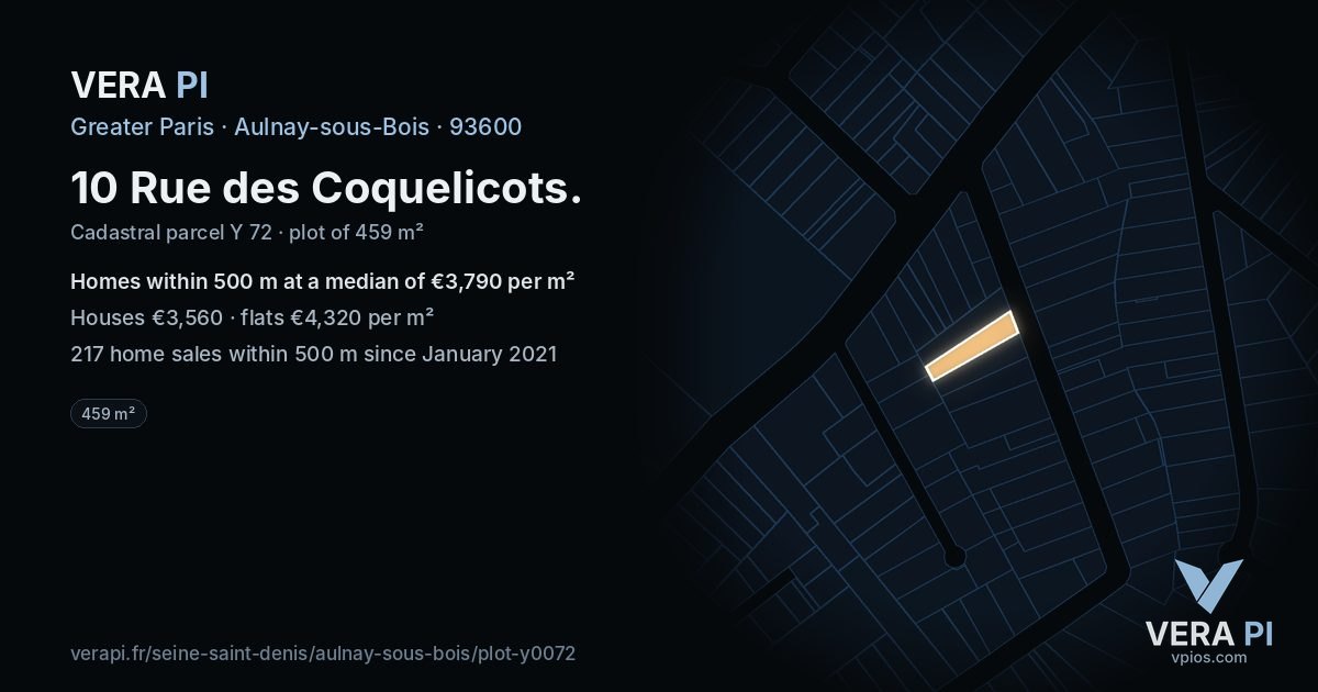 10 Rue des Coquelicots, Aulnay-sous-Bois at night – the plot lit, the parcels around coloured by the prices near them
