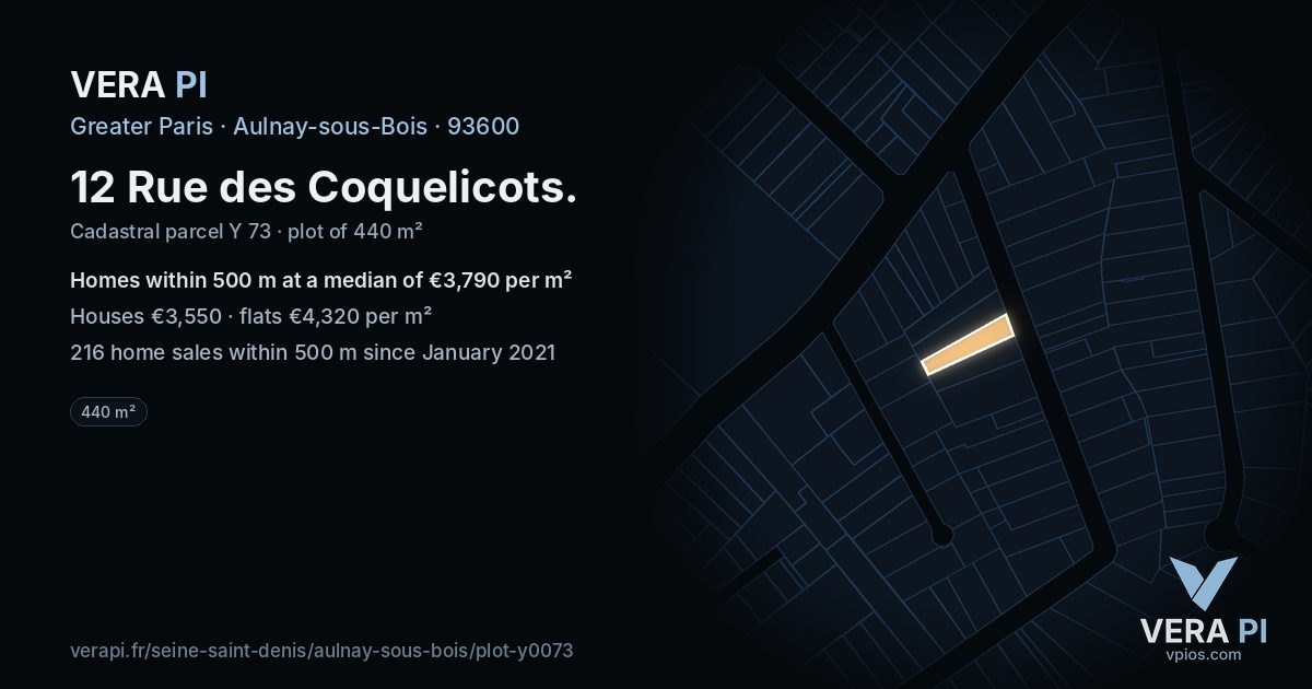 12 Rue des Coquelicots, Aulnay-sous-Bois at night – the plot lit, the parcels around coloured by the prices near them