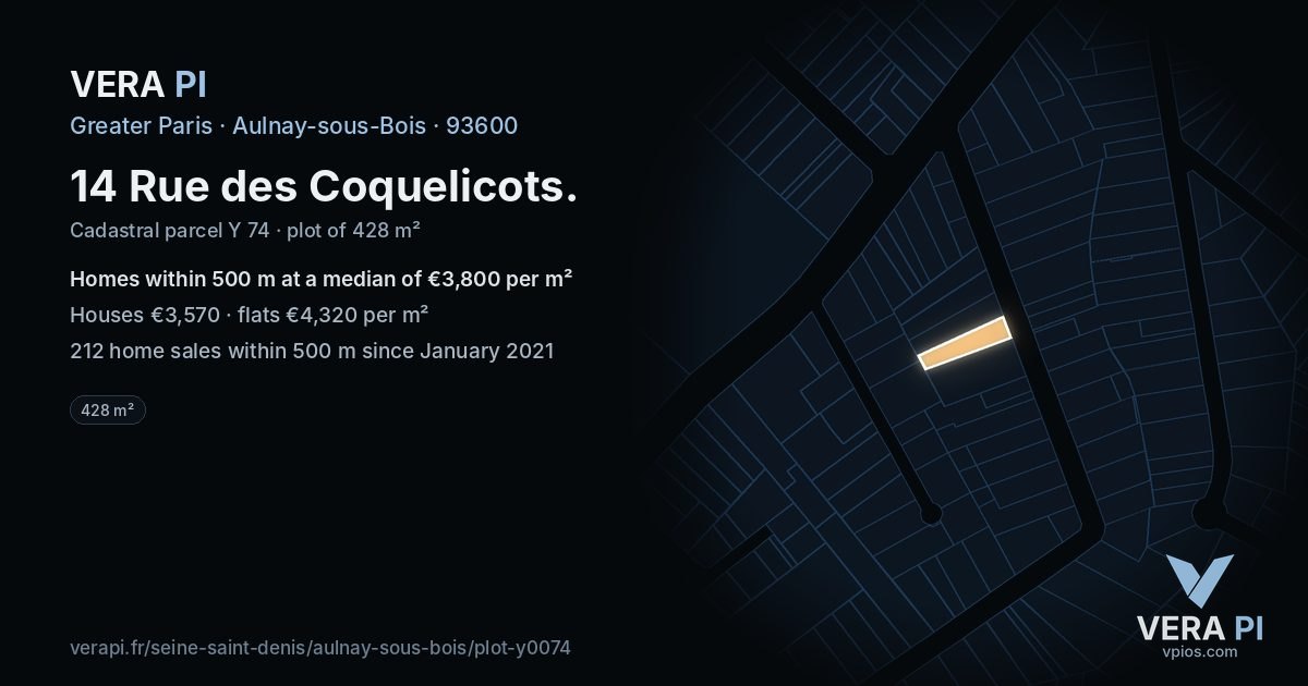 14 Rue des Coquelicots, Aulnay-sous-Bois at night – the plot lit, the parcels around coloured by the prices near them