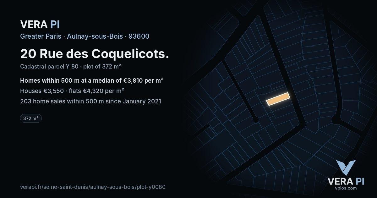 20 Rue des Coquelicots, Aulnay-sous-Bois at night – the plot lit, the parcels around coloured by the prices near them