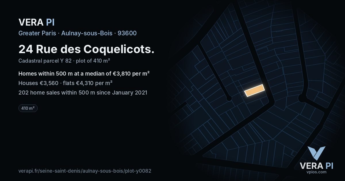 24 Rue des Coquelicots, Aulnay-sous-Bois at night – the plot lit, the parcels around coloured by the prices near them