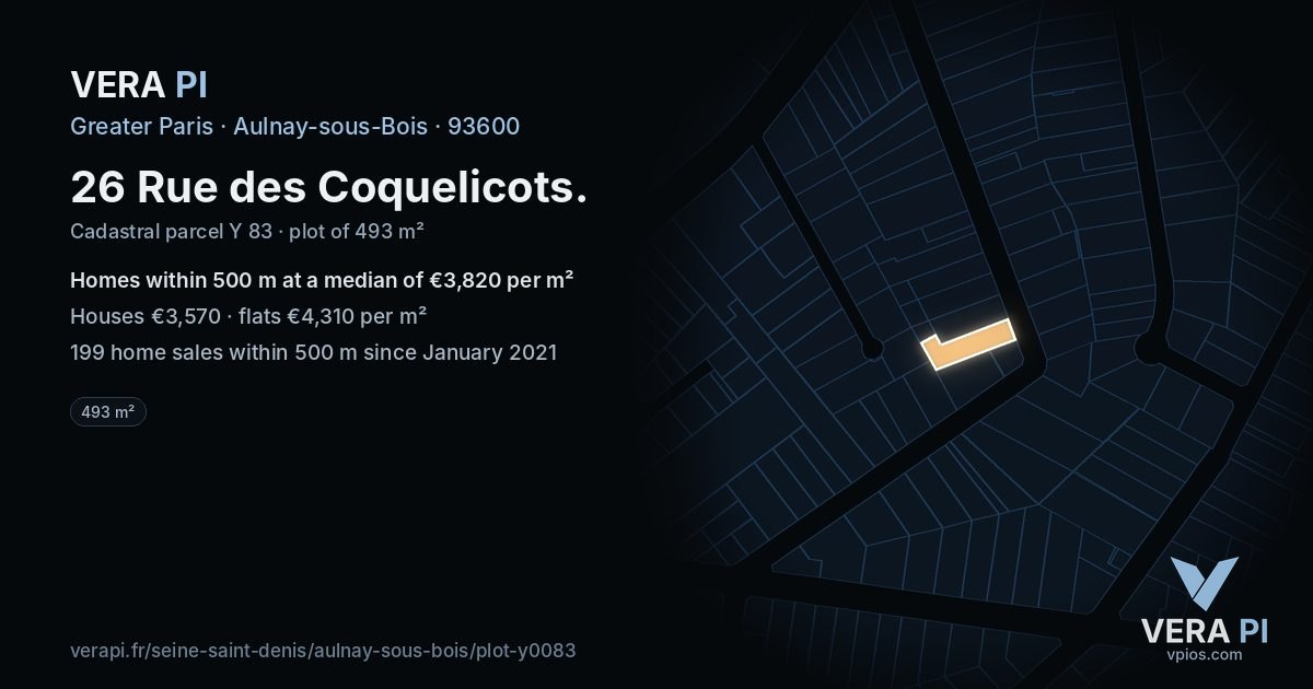 26 Rue des Coquelicots, Aulnay-sous-Bois at night – the plot lit, the parcels around coloured by the prices near them