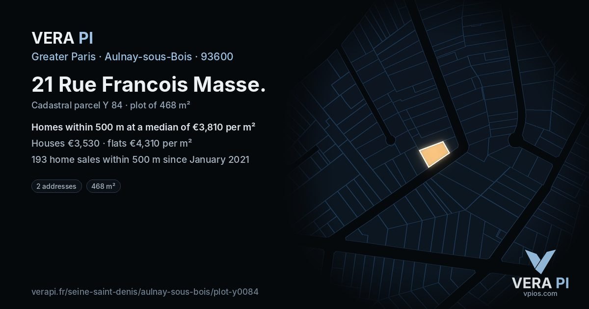 21 Rue Francois Masse, Aulnay-sous-Bois at night – the plot lit, the parcels around coloured by the prices near them