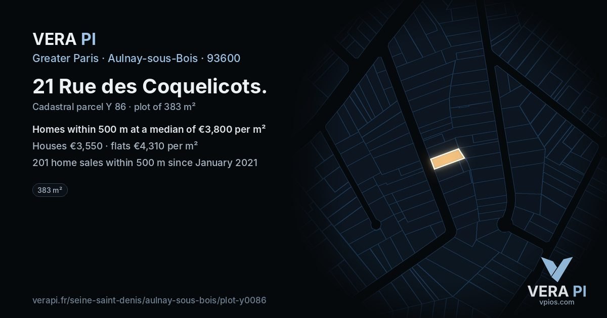 21 Rue des Coquelicots, Aulnay-sous-Bois at night – the plot lit, the parcels around coloured by the prices near them