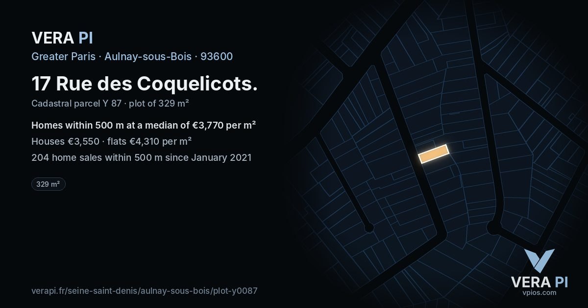 17 Rue des Coquelicots, Aulnay-sous-Bois at night – the plot lit, the parcels around coloured by the prices near them