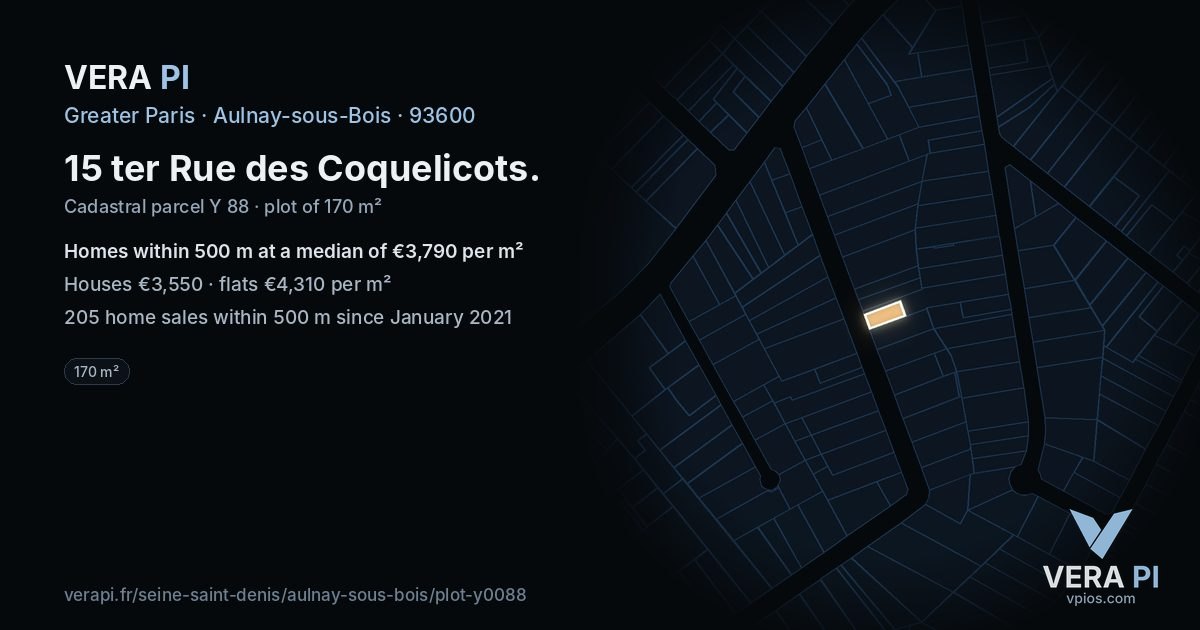 15 ter Rue des Coquelicots, Aulnay-sous-Bois at night – the plot lit, the parcels around coloured by the prices near them