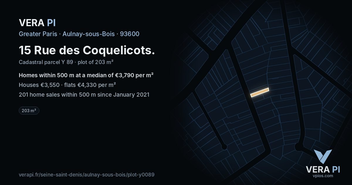 15 Rue des Coquelicots, Aulnay-sous-Bois at night – the plot lit, the parcels around coloured by the prices near them