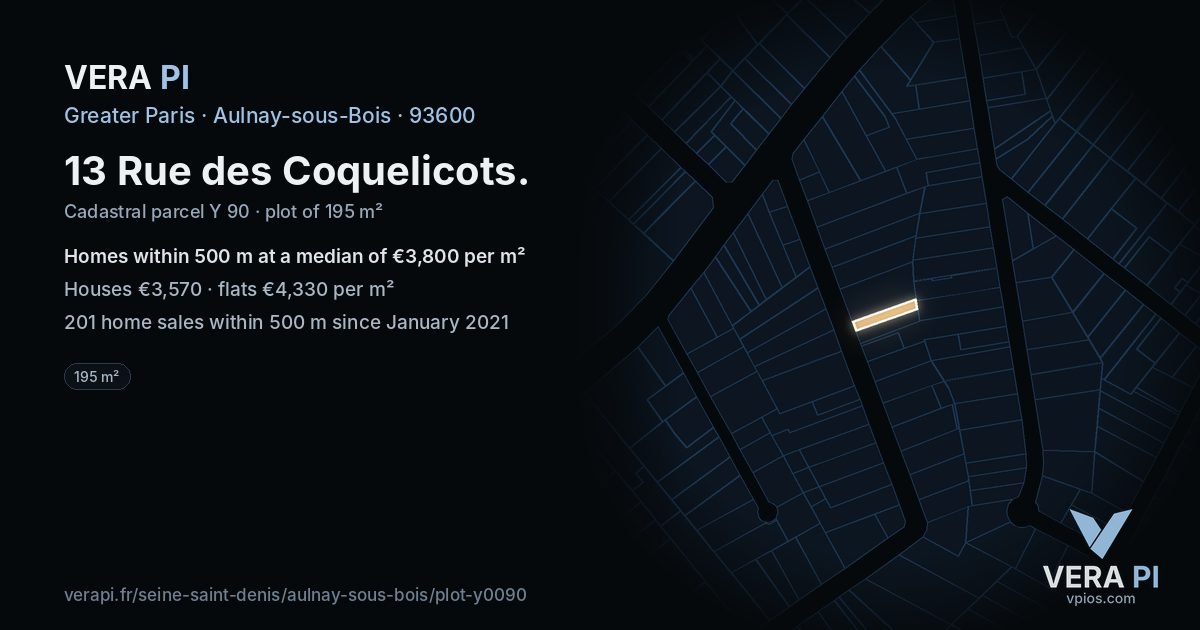 13 Rue des Coquelicots, Aulnay-sous-Bois at night – the plot lit, the parcels around coloured by the prices near them