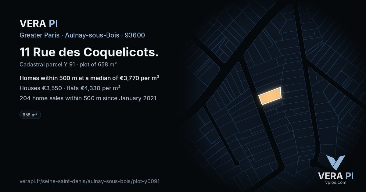 11 Rue des Coquelicots, Aulnay-sous-Bois at night – the plot lit, the parcels around coloured by the prices near them