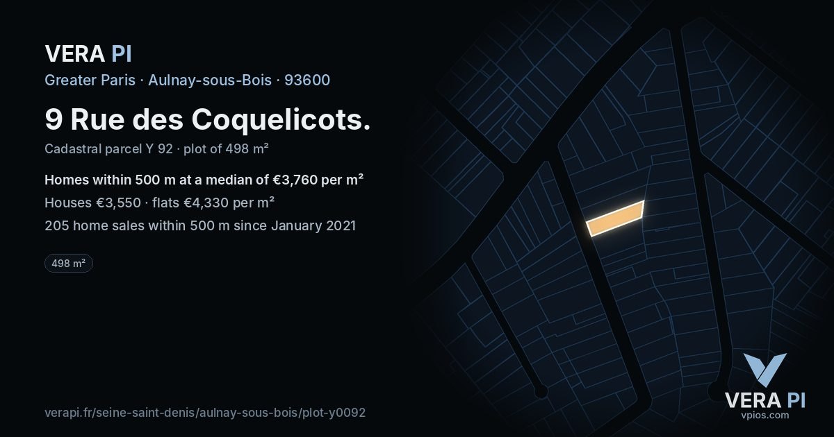 9 Rue des Coquelicots, Aulnay-sous-Bois at night – the plot lit, the parcels around coloured by the prices near them
