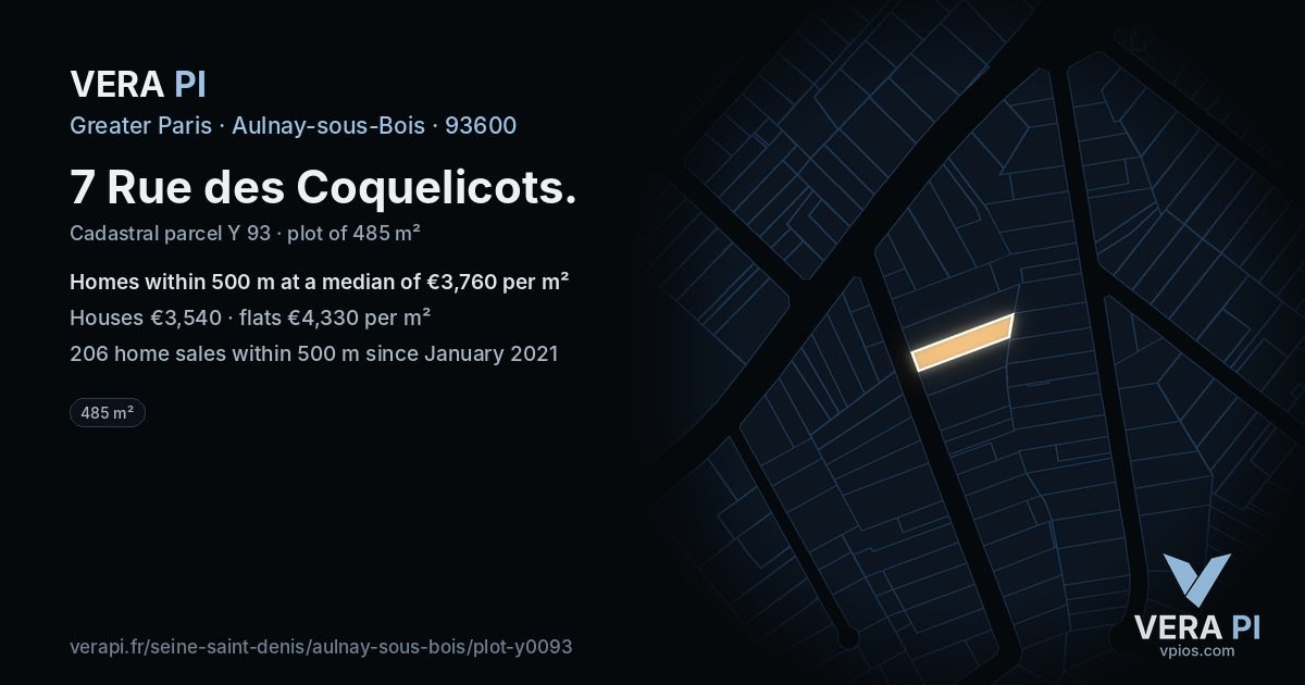 7 Rue des Coquelicots, Aulnay-sous-Bois at night – the plot lit, the parcels around coloured by the prices near them