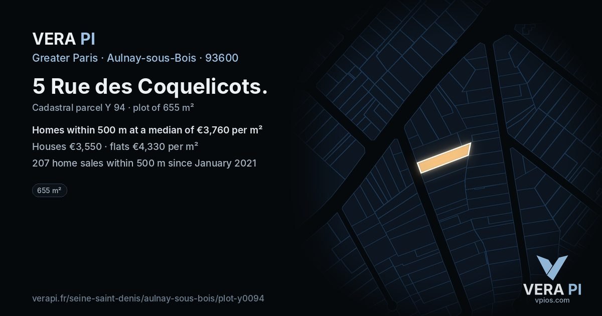 5 Rue des Coquelicots, Aulnay-sous-Bois at night – the plot lit, the parcels around coloured by the prices near them