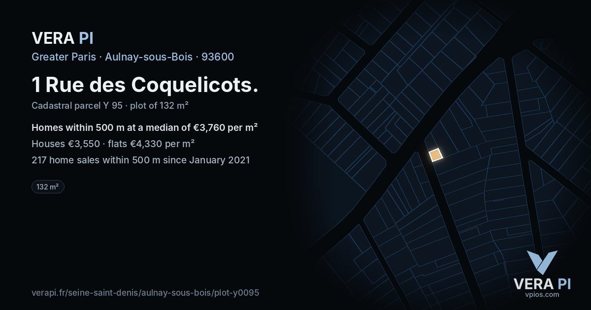 1 Rue des Coquelicots, Aulnay-sous-Bois at night – the plot lit, the parcels around coloured by the prices near them