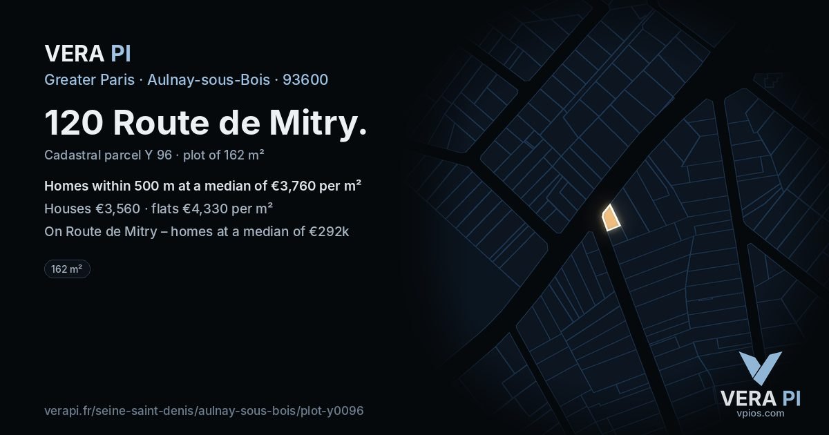 120 Route de Mitry, Aulnay-sous-Bois at night – the plot lit, the parcels around coloured by the prices near them