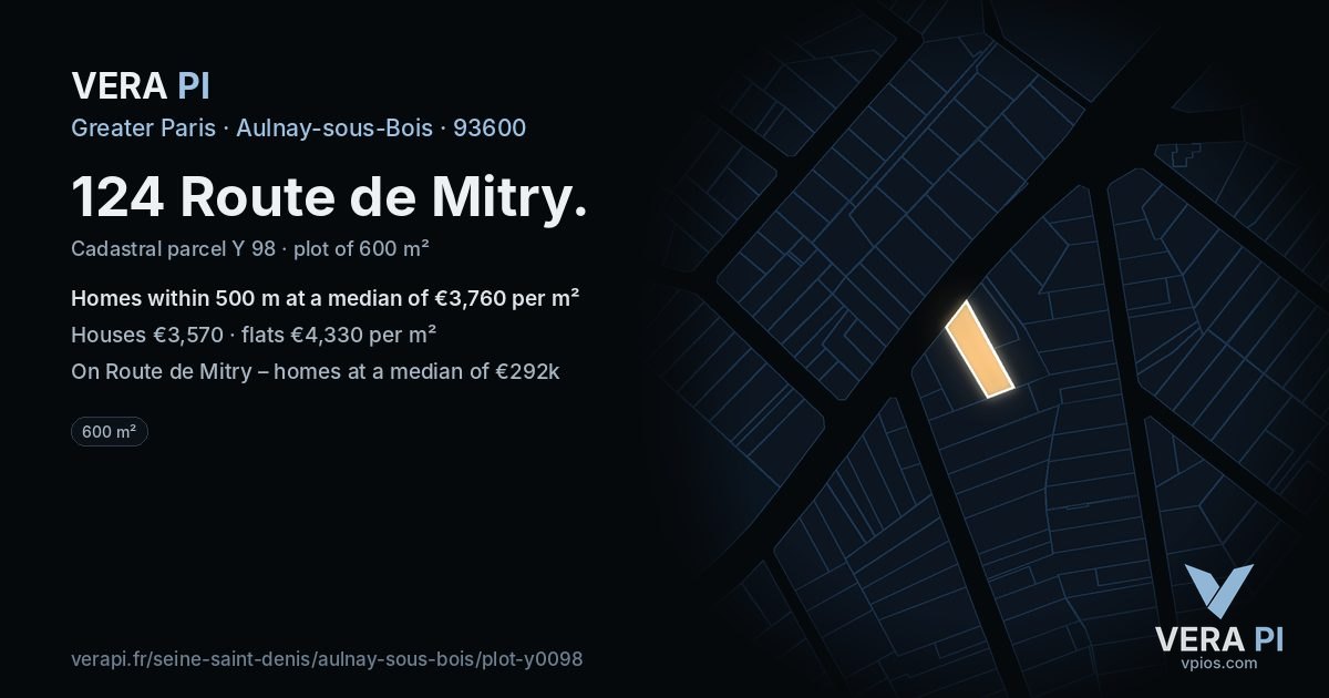 124 Route de Mitry, Aulnay-sous-Bois at night – the plot lit, the parcels around coloured by the prices near them