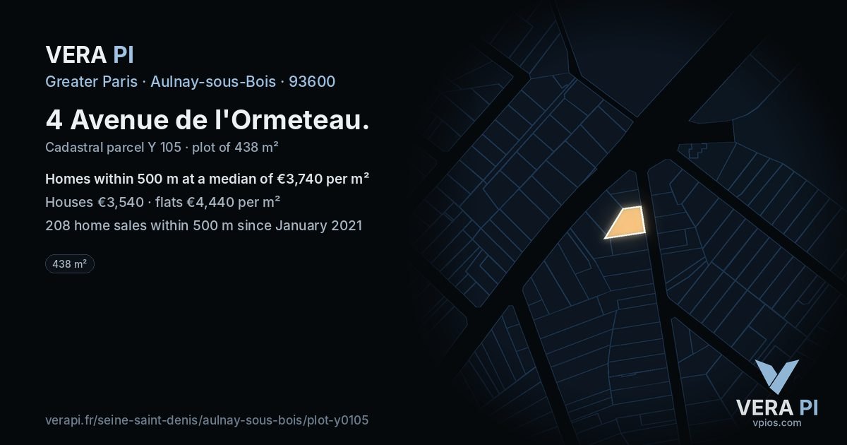 4 Avenue de l'Ormeteau, Aulnay-sous-Bois at night – the plot lit, the parcels around coloured by the prices near them
