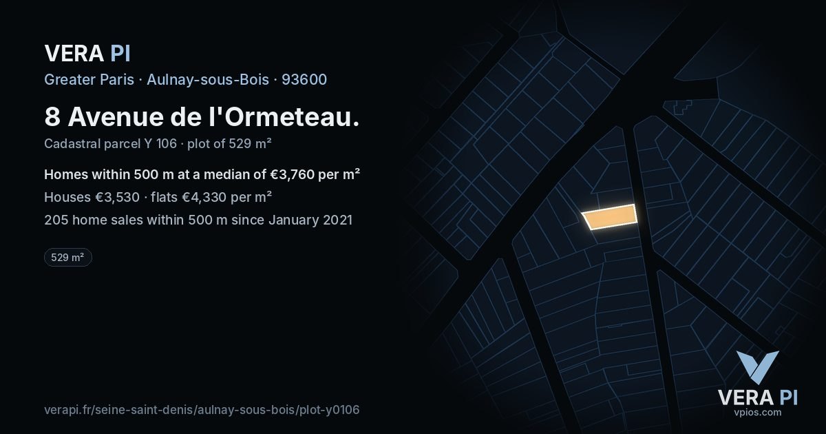 8 Avenue de l'Ormeteau, Aulnay-sous-Bois at night – the plot lit, the parcels around coloured by the prices near them