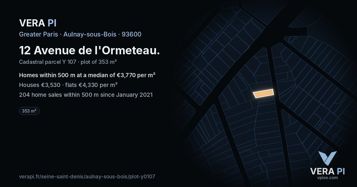 12 Avenue de l'Ormeteau, Aulnay-sous-Bois at night – the plot lit, the parcels around coloured by the prices near them