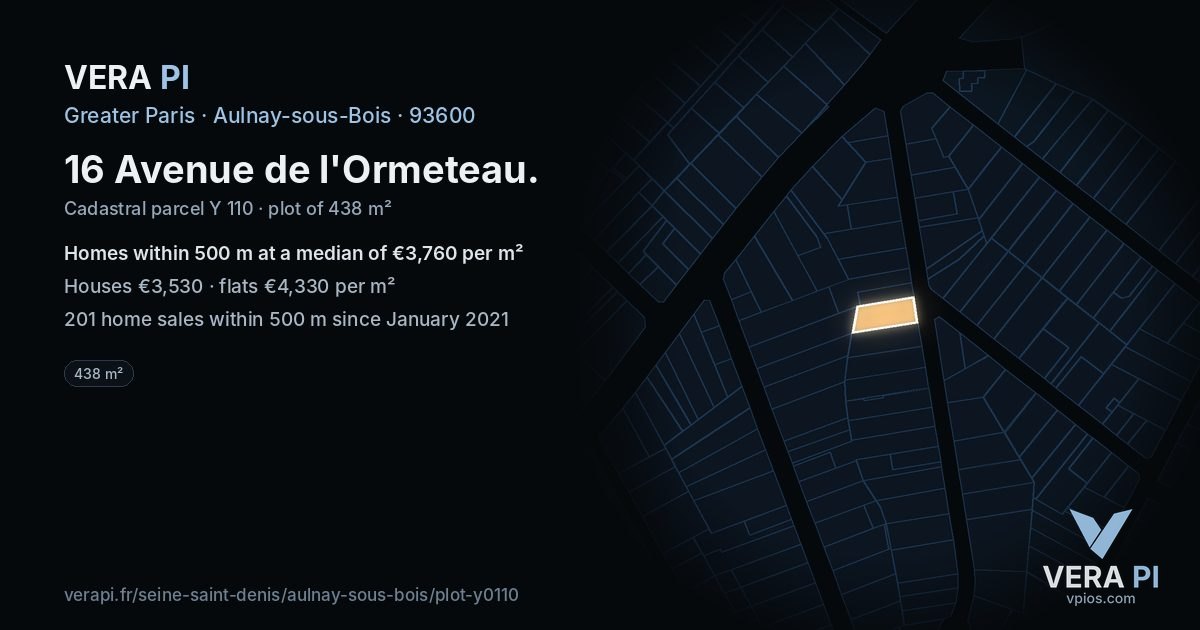 16 Avenue de l'Ormeteau, Aulnay-sous-Bois at night – the plot lit, the parcels around coloured by the prices near them