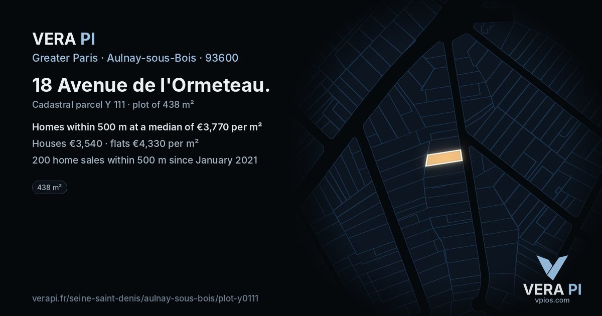 18 Avenue de l'Ormeteau, Aulnay-sous-Bois at night – the plot lit, the parcels around coloured by the prices near them