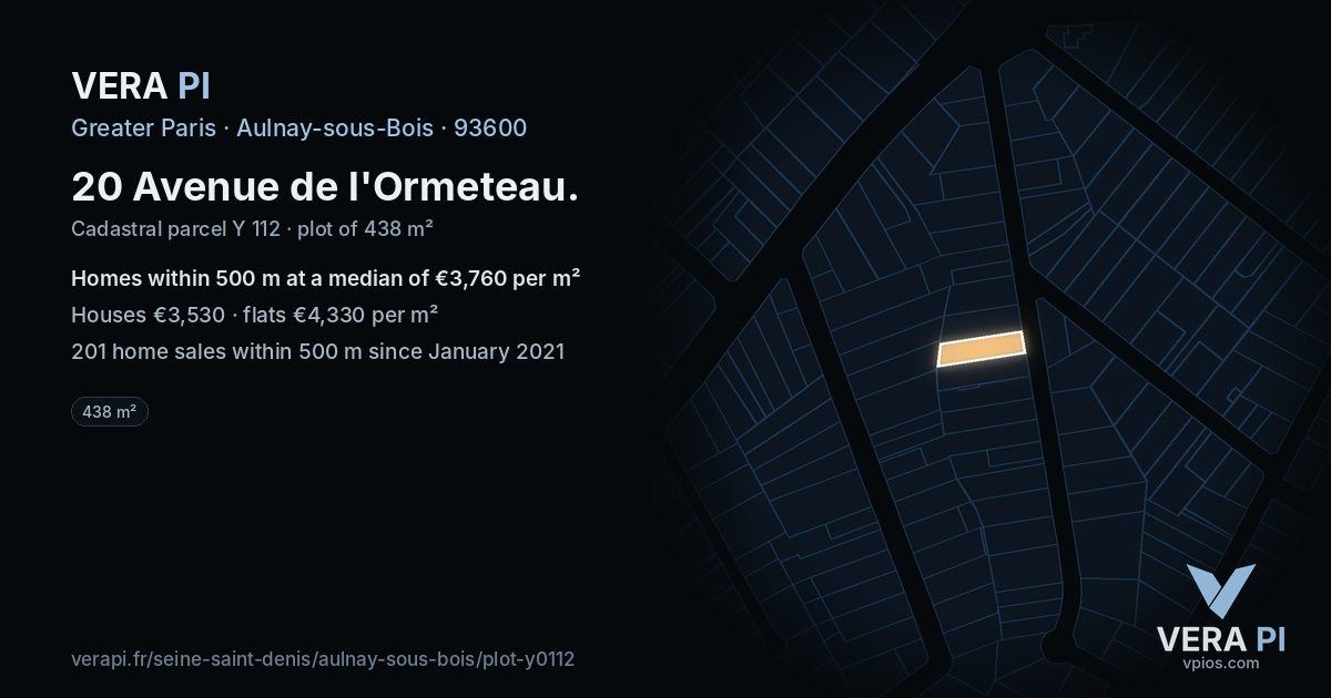 20 Avenue de l'Ormeteau, Aulnay-sous-Bois at night – the plot lit, the parcels around coloured by the prices near them